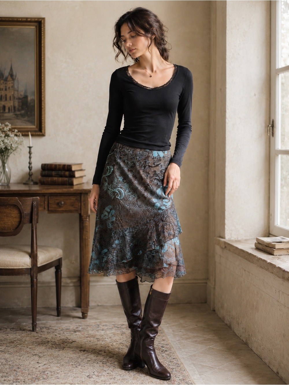 Floral Chiffon Ruffle Skirt Brown Teal S8 - Picture 15 of 15